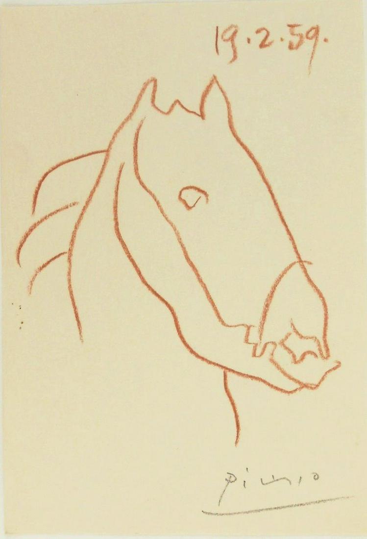 Pablo Picasso (1881-1973) Sanguine Drawing: Sanguine drawing of a horse on fine wove paper, signed* (Pablo Picasso, 1881-1973). Dated 19.2.59. Drawing measures 6 1/8 x 4 1/8 inches. Very good condition. Unframed for inspection and shipping. Sol