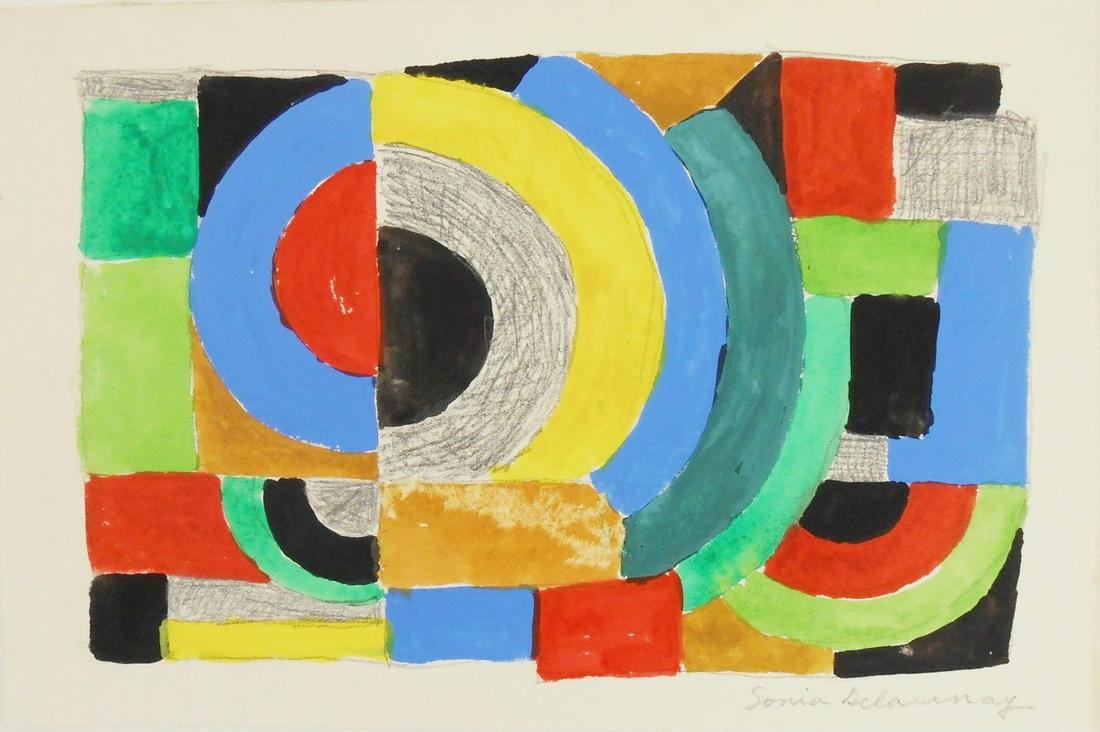 Sonia Delaunay (1885-1979) Watercolor & Gouache: Watercolor, gouache, and graphite on heavy wove paper, untitled (Rythme Couleur), signed* (Sonia Delaunay, 1885-1979). 6 x 9 inches. Very small area of paint decomposition, lower center, otherwise goo