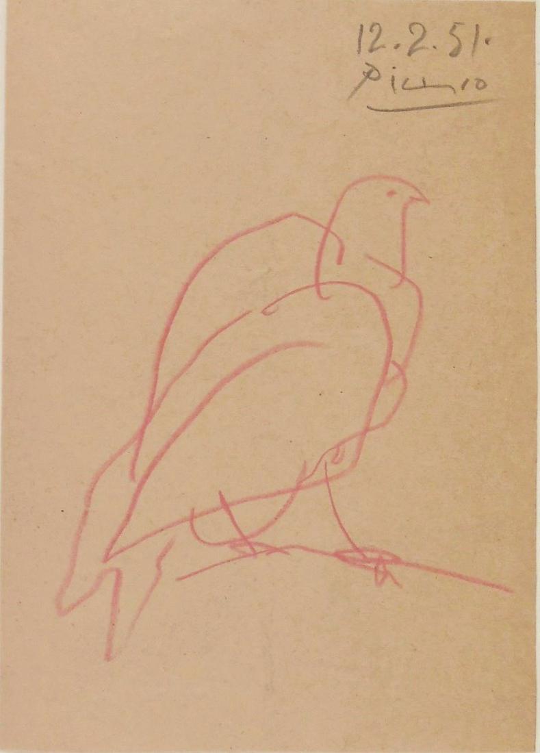 Pablo Picasso (1881-1973) Colored Pencil Sketch: Colored pencil drawing on light tan-colored wove paper, perched dove, signed* (Pablo Picasso, 1881-1973). Dated 12.2.51. 7 x 5 inches. Very small repaired margin tear, lower right, otherwise very good