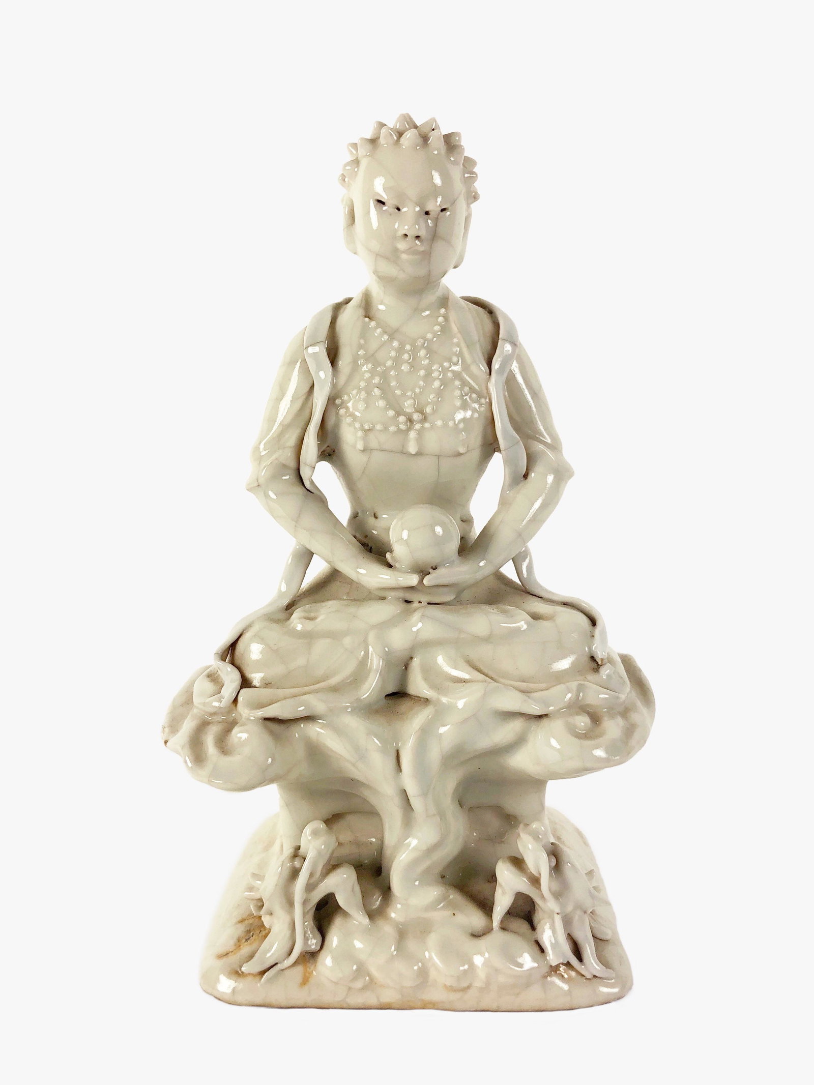 Meditating Buddha, Blanc De Chine, 18th Century: Blanc de Chine meditating Buddha seated on a dragon throne, Chinese, circa late 18th or early 19th century. Very good condition. H. 7 1/2 inches.