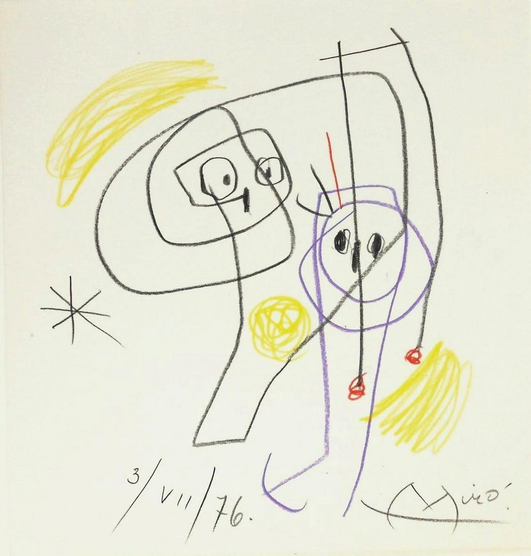 Joan Miro (1893-1983) Colored Pencil Drawing: Colored pencil drawing on fine white wove paper, two figures, signed* (Joan Miro, 1893-1983). Dated 3/ VII / 76. 9 3/8 x 9 inches. Very good condition, having no apparent damage or visible repairs. Un