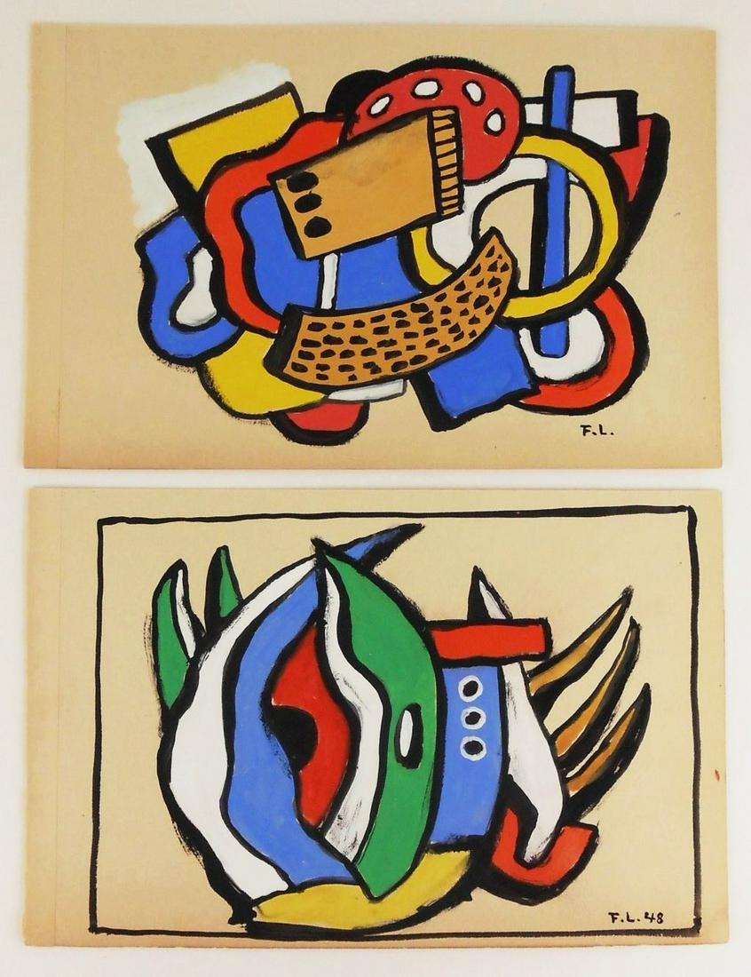 Fernand Leger (1881-1955) Sketchbook Gouaches: Two sketchbook gouaches on heavy-weight wove paper, untitled abstract compositions, each signed with the artist's initials* (Fernand Leger, 1881-1955). One dated '48. 5 1/2 x 8 1/2 inches. Each in ver