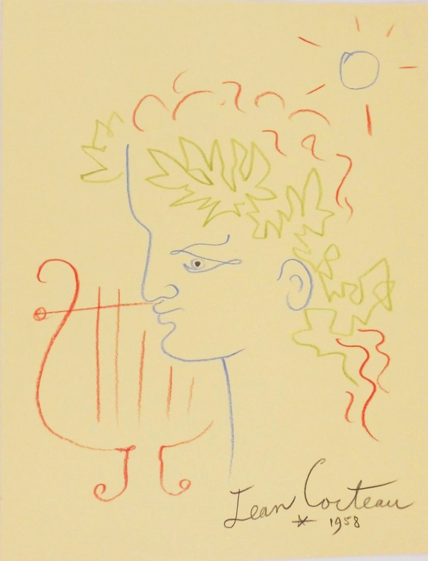 Jean Cocteau (1889-1963) Colored Pencil Drawing: Colored pencil drawing on heavy wove yellow paper, Orpheus, signed* (Jean Cocteau, 1889-1963). Dated 1958. 11 x 8 1/2 inches. Excellent condition. Has been removed from frame for inspection and shippi
