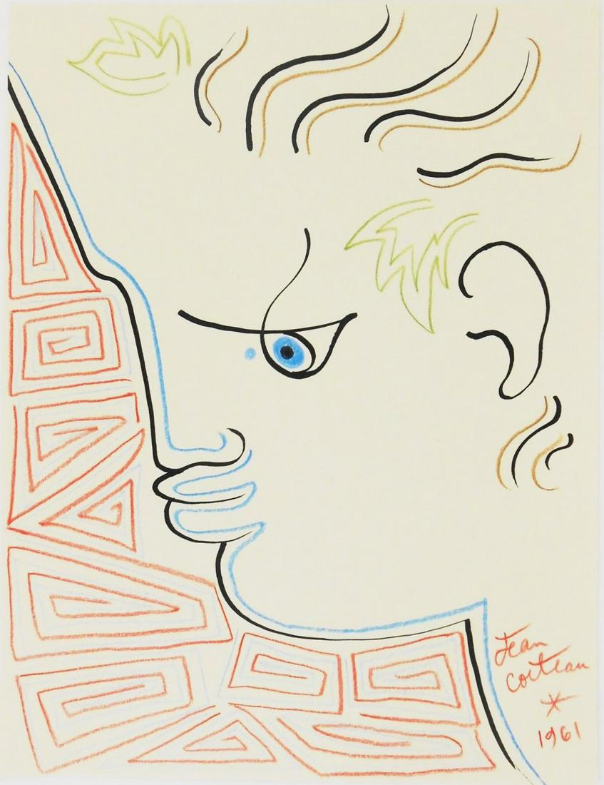 Jean Cocteau (1889-1963) Pencil & Ink Drawing: Colored pencil and black ink drawing on heavy-weight wove paper, Orpheus with arabesques, signed* (Jean Cocteau, 1889-1963). 10 x 7 5/8 inches. Removed from frame for inspection and shipping. Very goo