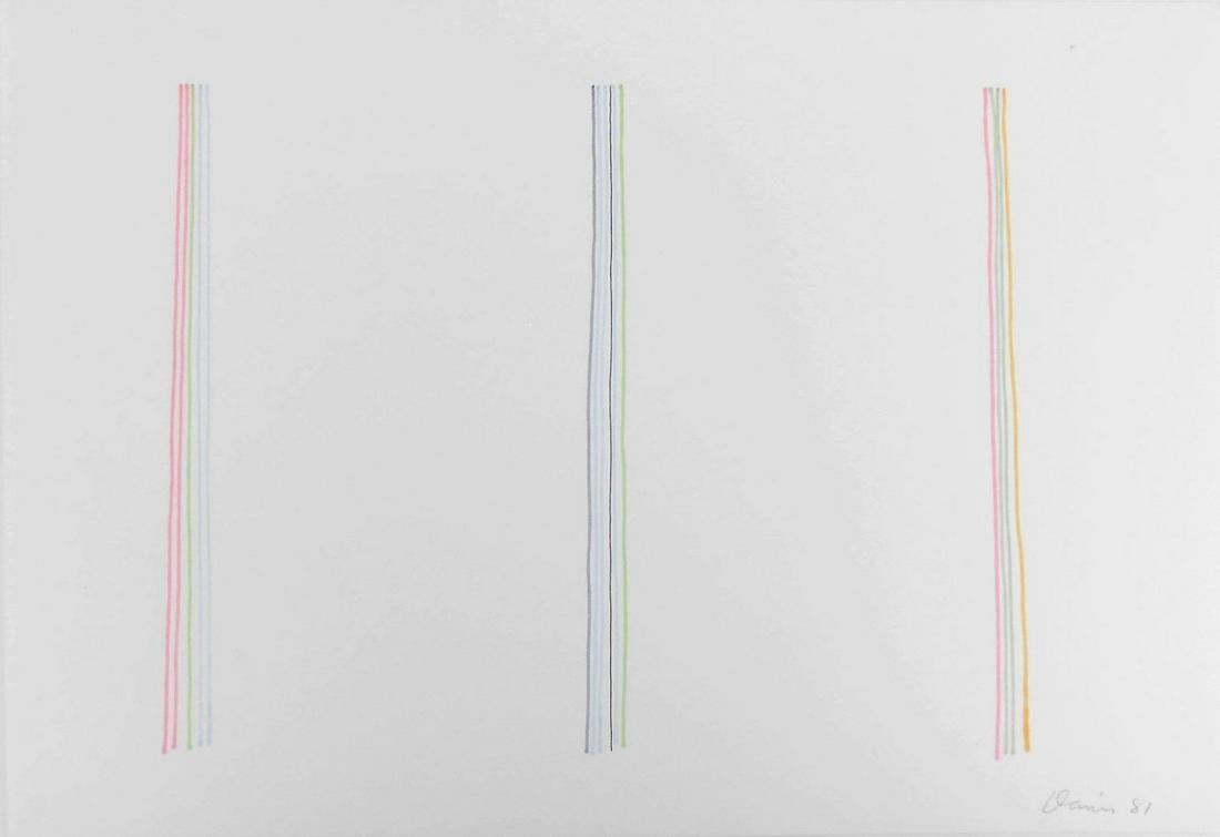 Gene Davis (1920-1985) Ink Drawing On Paper: Colored ink drawing on wove paper, untitled linear composition, pencil signed* (Gene Davis, 1920-1985). 15 x 21 3/4 inches. Dated '81. Very good condition. No signs of damage or repairs. Unframed for