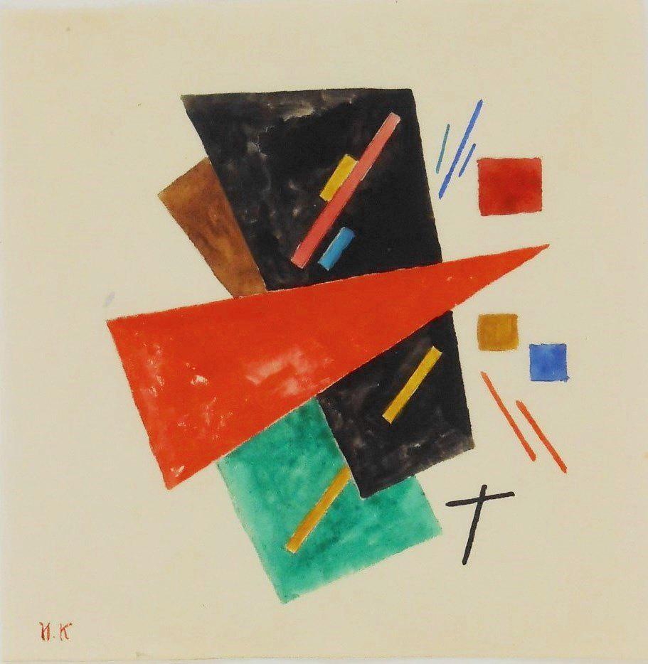 Ivan Kliun (1873-1943) Suprematist Watercolor: Watercolor with traces of pencil on thin wove paper (appears to have been removed from a tablet or small sketchpad), Suprematist composition, initialed* in cyrillic (Ivan Vasilievitch Kliun, 1873-1943