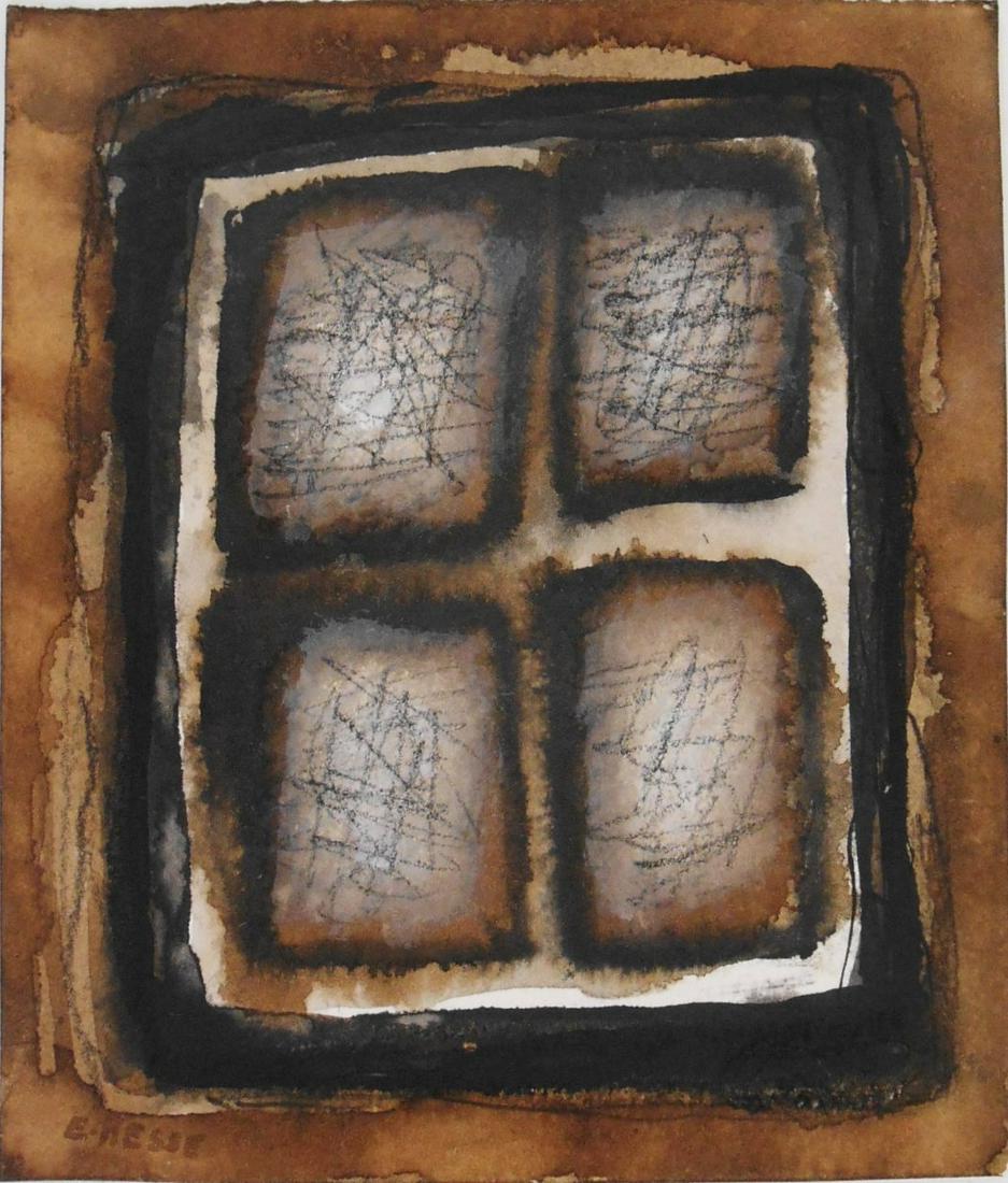 Eva Hesse (1936-1970) Mixed Media Drawing: Ink and wash with charcoal on wove paper, untitled abstract, signed* (Eva Hesse, 1936-1970). 7 x 6 inches. Very good condition, with some minor signs of aging; no apparent damage or visible repairs. U