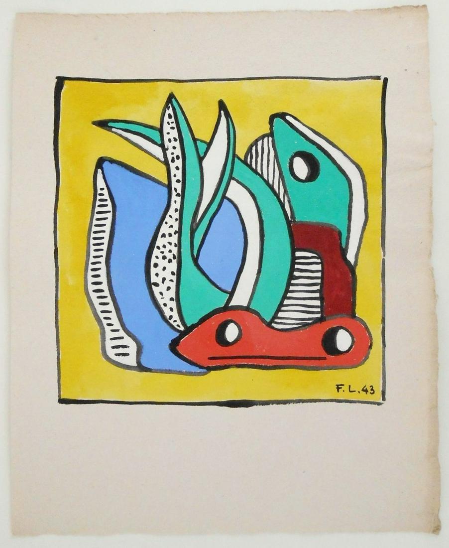 Fernand Leger (1881-1955) Gouache: Watercolor and gouache on period handmade laid paper, untitled abstract, signed* with the artist's initials (Fernand Leger, 1881-1955). Dated '43. 10 1/4 x 8 3/8 inches. Very good condition overall. U