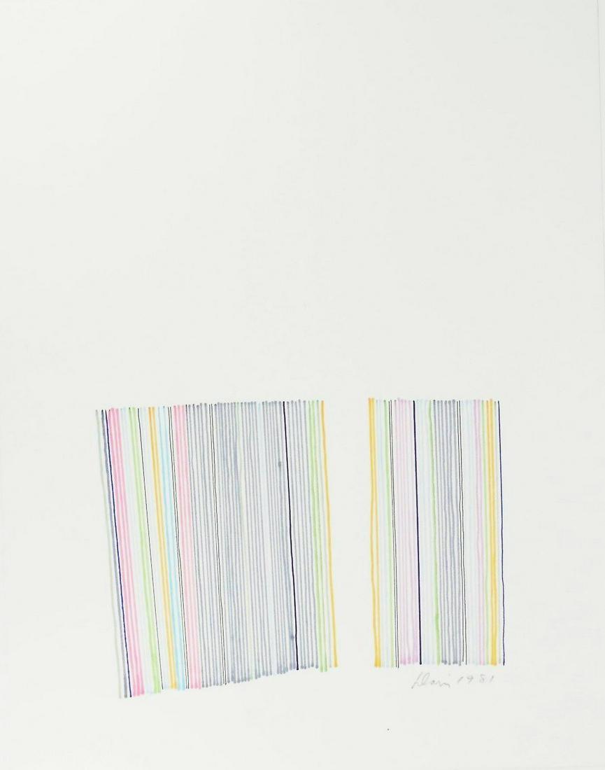 Gene Davis (1920-1985) Ink Drawing On Paper: Colored ink drawing on off-white wove paper, untitled linear composition, pencil signed* (Gene Davis, 1920-1985). Dated 1981. 19 x 14 3/4 inches. Very good condition. No signs of damage or repairs. Un