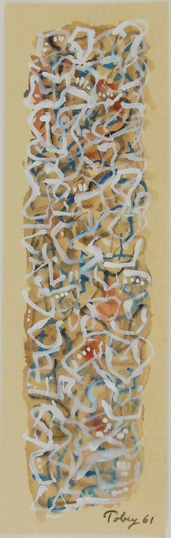Mark Tobey (1890-1976) Watercolor & Gouache: Watercolor and gouache on illustration board, untitled abstract, signed* (Mark Tobey, 1890-1976). 9 3/4 x 3 inches. Has been removed from its frame for inspection and post-auction shipping. Very good