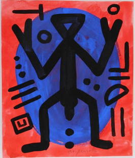 A.R. Penck (1939-2017) Gouache: Gouache on heavy wove watercolor paper, abstract figure with symbols, signed* (A. R. Penck, 1939-2017). 10 7/8 x 9 1/4 inches. Circa 1980-1990. Good condition overall. No apparent tears or repairs. Ha