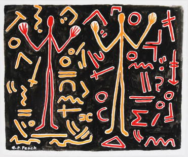 A.R. Penck (1939-2017) Gouache: Gouache on heavy wove paper, two abstract figures and symbols, signed* (A. R. Penck, 1939-2017). 10 7/8 x 13 inches. Circa 1980-1990. Good condition overall. No apparent tears or repairs. Has been