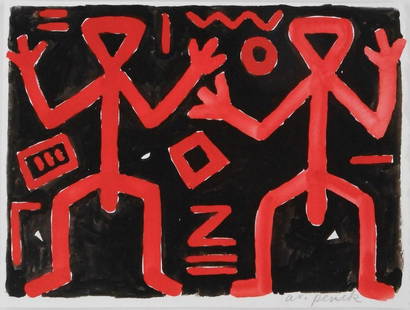 A.R. Penck (1939-2017) Gouache: Gouache on heavy wove watercolor paper, two abstract figures, signed* (A. R. Penck, 1939-2017). 8 1/2 x 11 1/4 inches. Circa 1980-1990. Good condition overall. No apparent tears or repairs. Has been r