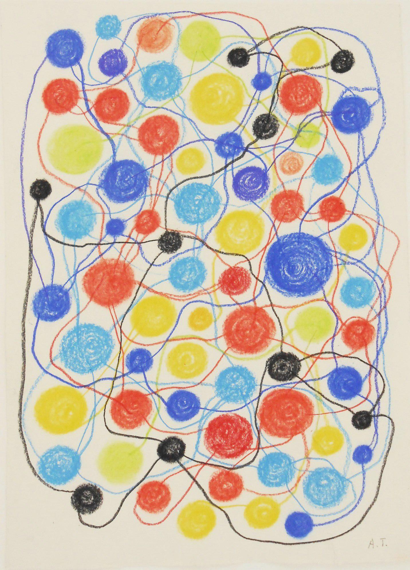 Atsuko Tanaka (1932-2005) Colored Chalk Drawing: Colored chalk drawing on fine white wove paper, untitled composition with circles, signed with the artist's initials* (Atsuko Tanaka, 1932-2005). 14 1/8 x 10 1/4 inches. Very good condition, having no