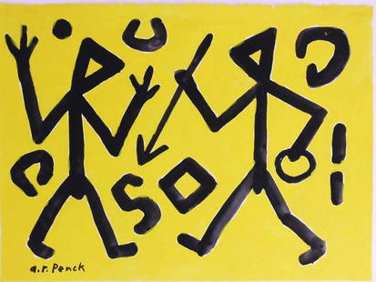 A.R. Penck (1939-2017) Gouache: Black and yellow gouache on heavy wove paper, abstract figures, signed* (A. R. Penck, 1939-2017). 11 1/8 x 15 inches. Circa 1980-1990. Good condition overall. No apparent tears or repairs. Has been re