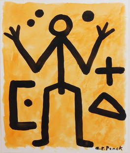 A.R. Penck (1939-2017) Watercolor & Gouache: Gouache over watercolor on heavy wove paper, abstract figure, signed* (A. R. Penck, 1939-2017). 10 5/8 x 9 inches. Circa 1980-1990. Good condition overall. No apparent tears or repairs. Has been remov