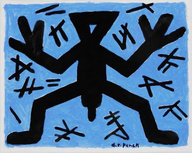 A.R. Penck (1939-2017) Gouache: Gouache on heavy wove watercolor paper, abstract figure, signed* (A. R. Penck, 1939-2017). 8 5/8 x 10 3/4 inches. Circa 1980-1990. Good condition overall. No apparent tears or repairs. Has been remove