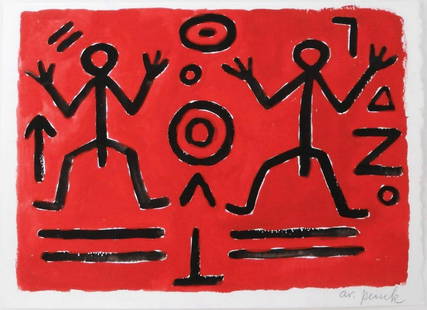 A.R. Penck (1939-2017) Gouache: Red and black gouache on heavy wove paper, abstract figures, signed* (A. R. Penck, 1939-2017). 8 1/4 x 11 1/4 inches. Circa 1980-1990. Good condition overall. No apparent tears or repairs. Has been re