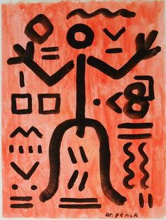A.R. Penck (1939-2017) Watercolor & Gouache: Gouache over watercolor on heavy wove paper, abstract figure, signed* (A. R. Penck, 1939-2017). 11 1/4 x 8 1/2 inches. Circa 1980-1990. Good condition overall. No apparent tears or repairs. Has been r