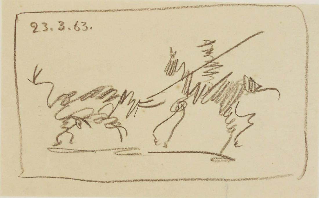 Pablo Picasso (1881-1973) Colored Pencil Sketch: Brown pencil sketch on light cream wove paper, picador goading a bull, unsigned* (Pablo Picasso, 1881-1973). Dated 23.3.63. 5 1/8 x 8 3/8 inches. Very good condition overall, having no visible repairs