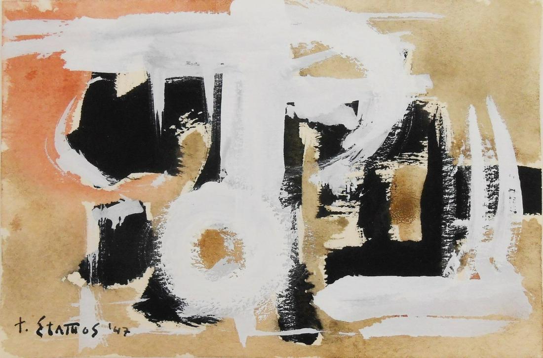 Theodoros Stamos (1922-1997) Abstract Gouache: Gouache on wove paper, untitled abstract, signed* (Theodoros Stamos, 1922-1997). Dated '47, lower left. 4 1/4 x 6 1/2 inches. Very good condition overall. No apparent damage or repairs. Unframed for i