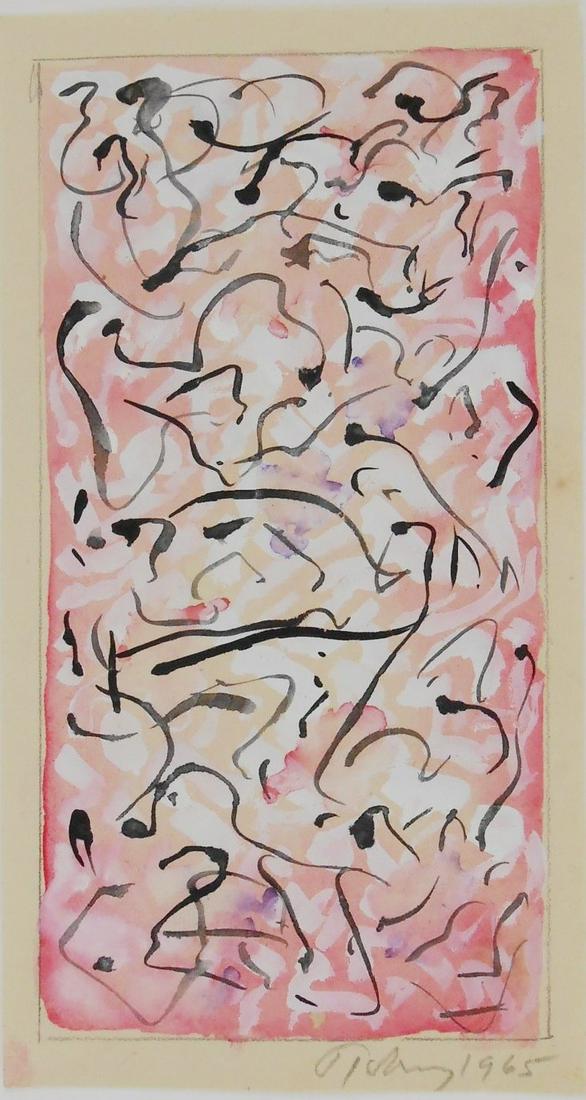 Mark Tobey (1890-1976) Watercolor & Gouache: Watercolor and gouache on wove paper, untitled abstract, signed* (Mark Tobey, 1890-1976). 6 7/8 x 3 3/4 inches. Has been removed from its frame for inspection and post-auction shipping. Very good cond