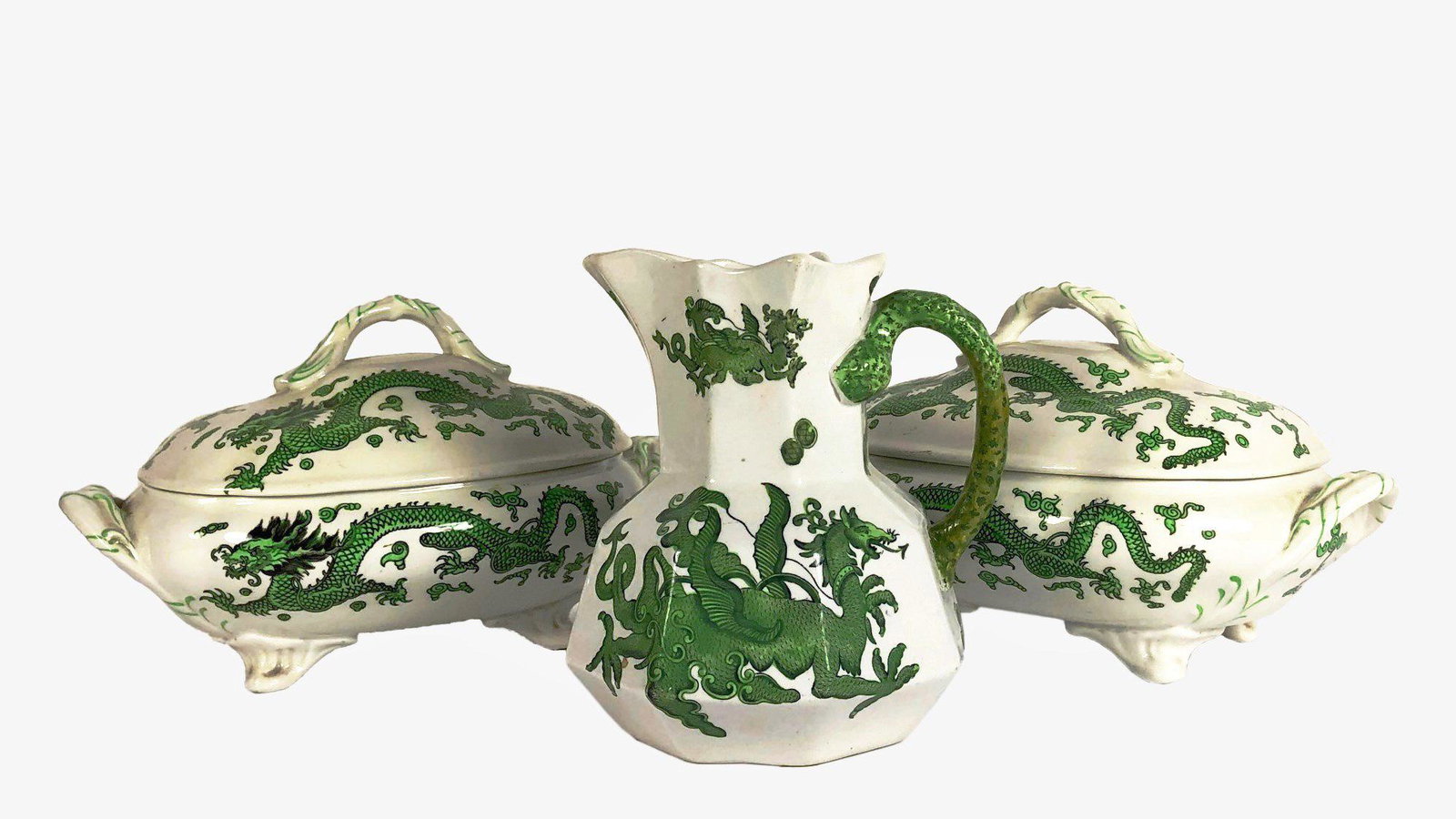 Antique Pitcher & Two Covered Dishes: Antique ceramic pitcher (Mason's Ironstone), circa mid-19th century, together with two Coalport covered dishes, circa 1900-1920. The pitcher has a repaired handle. No damage noted on the covered dishe