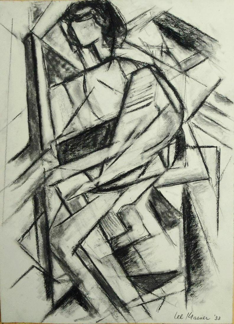 Lee Krasner (1908-1984) Charcoal Drawing: Charcoal drawing on wove paper, abstract nude study, signed* (Lee Krasner, 1908-1984). Dated '38. 14 7/8 x 10 3/4 inches. Very good condition. Hinge remnants to reverse from previous framing. Sold wit