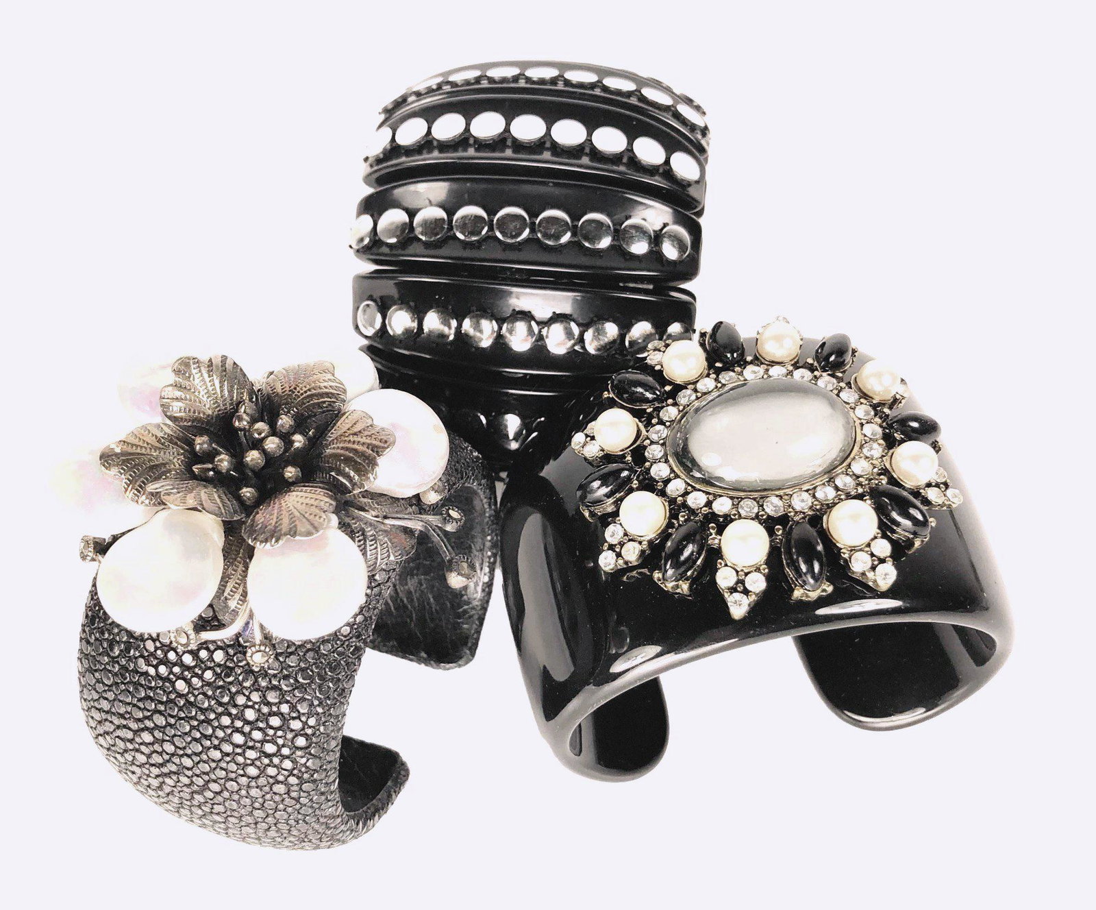 Group Of Three Fashion Cuff Bracelets: Three vintage fashion cuff bracelets, featuring pearls, crystal beads, etc.
