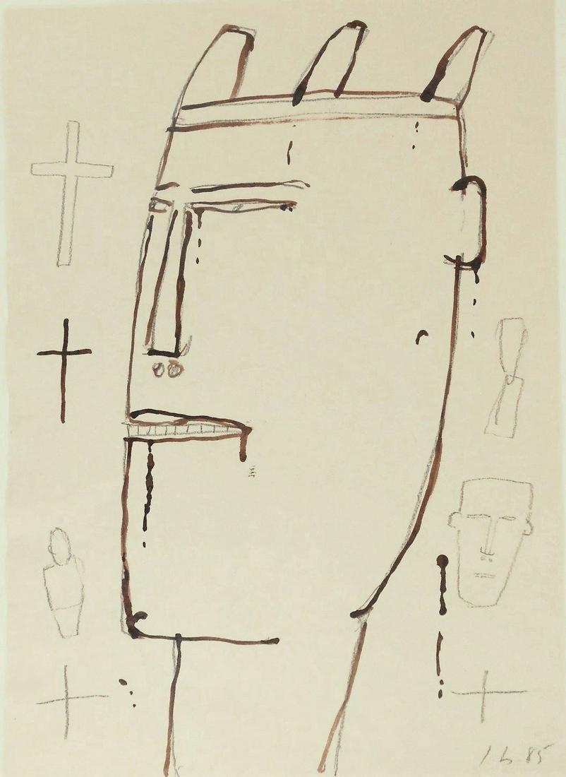 James Brown (1951-2020) Ink & Pencil Drawing: Ink and pencil drawing on handmade paper, untitled (faces and symbols), signed* with the artist's initials (James Brown, 1951-2020). Dated '85. 16 3/4 x 12 inches. Very good condition, having no readi