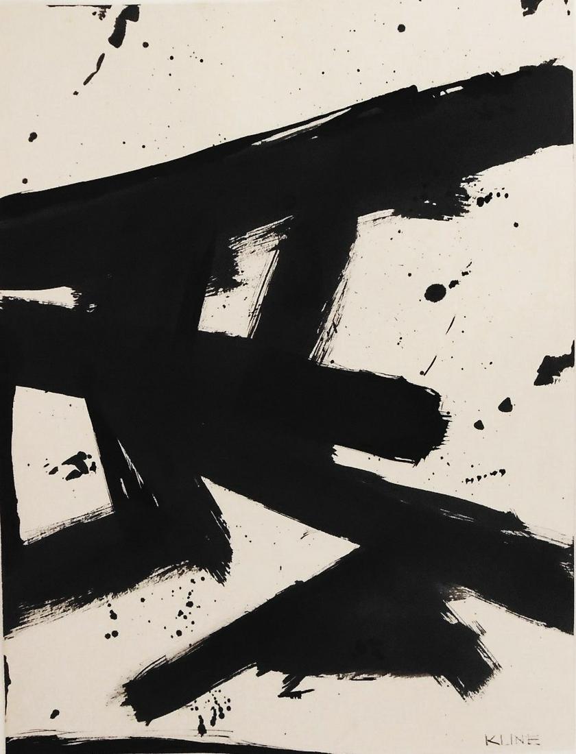 Franz Kline (1910-1962) Ink Abstract: Black ink abstract on medium weight wove paper, untitled composition, signed* (Franz Kline, 1910-1962). 16 x 12 1/4 inches. Very good condition overall, having no apparent repairs. Removed from frame