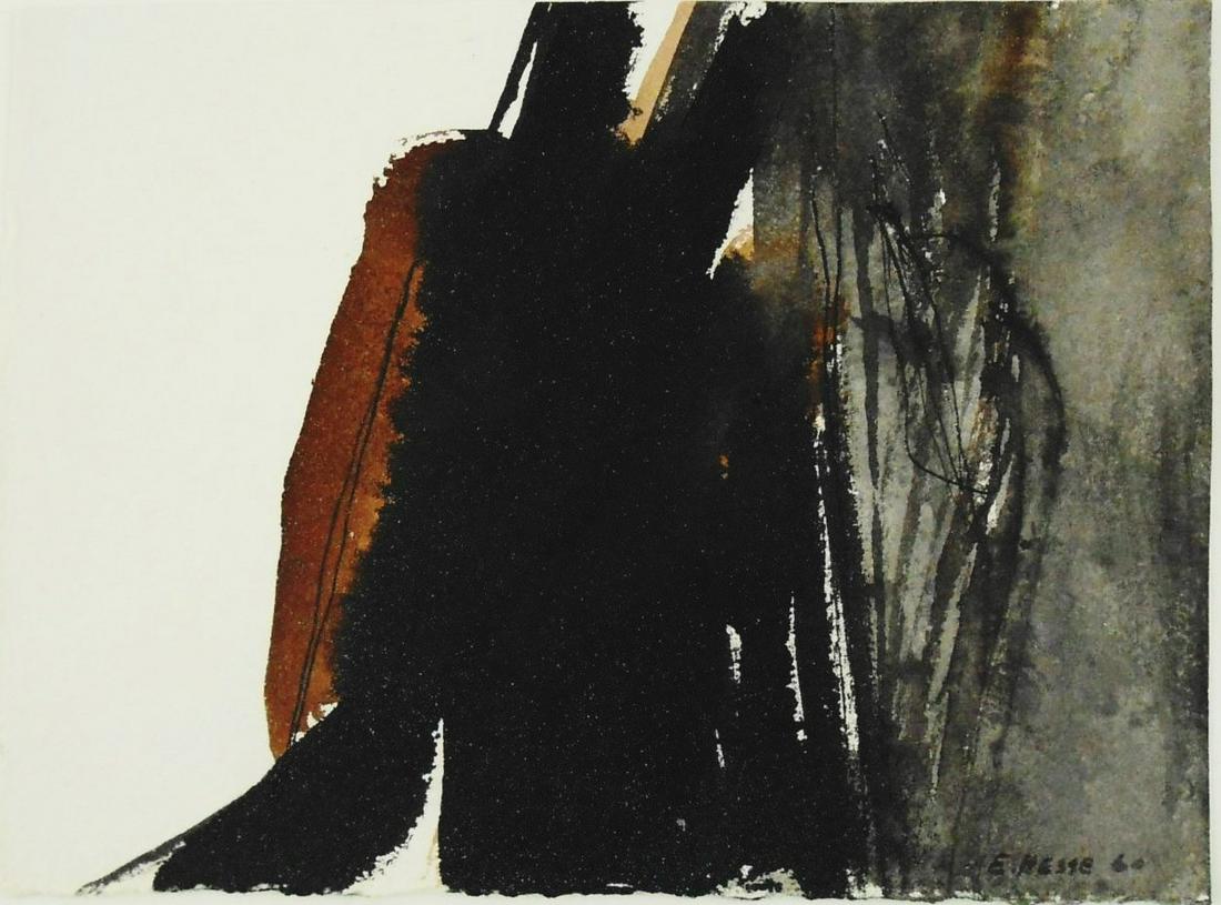 Eva Hesse (1936-1970) Ink & Wash: Ink drawing with wash on fine wove paper (possibly Arches), untitled abstract composition, signed* (Eva Hesse, 1936-1970). Dated '60. 5 7/8 x 8 inches. Very good condition overall. No readily apparent