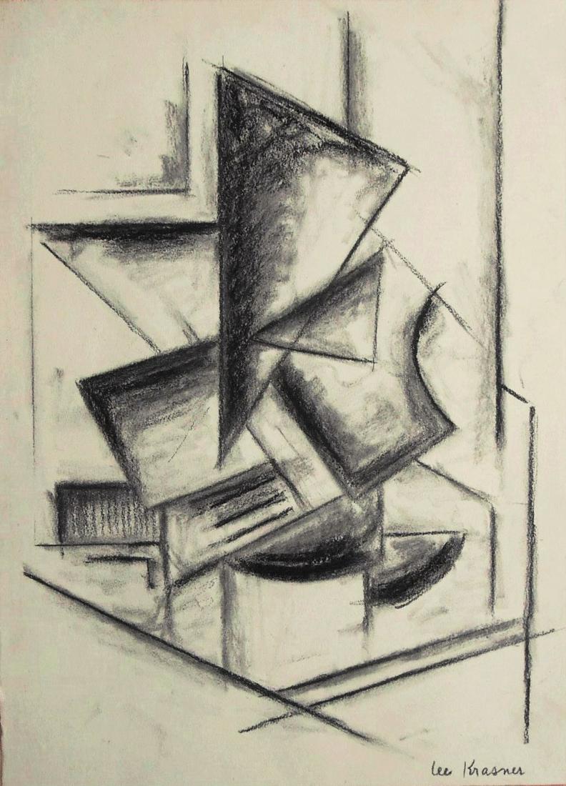 Lee Krasner (1908-1984) Charcoal Drawing: Charcoal drawing on wove paper, abstract still life, signed* (Lee Krasner, 1908-1984). Circa 1938-1939. 15 3/8 x 11 1/8 inches. Very good condition. Hinge remnants to reverse from previous framing. So