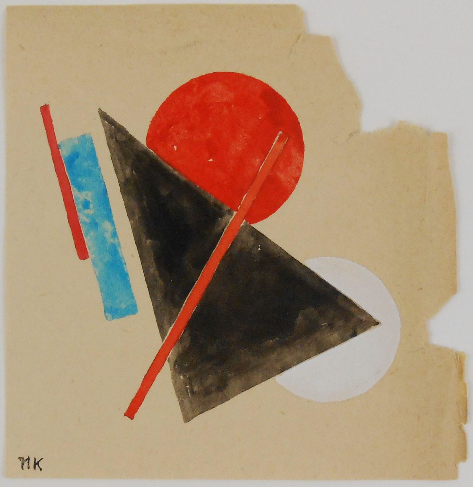 Ivan Kliun (1873-1943) Suprematist Watercolor: Watercolor on wove paper, suprematist composition, signed with the artist's cyrillic initials* (Ivan Vasilievitch Kliun, 1873-1943). 4 1/4 x 4 1/2 inches. Losses to right corner and margin. Sold unfra
