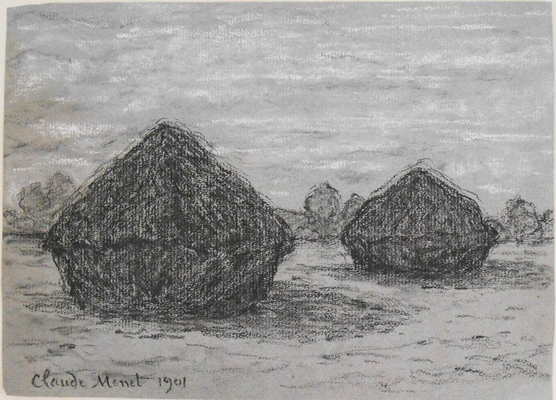 Claude Monet (1840-1926) Charcoal Drawing: Charcoal drawing with white highlights on light blue wove paper, grain stacks, signed* (Claude Monet, 1840-1926). Dated 1901. 6 1/2 x 9 1/8 inches. Very good condition overall; minor losses to white h