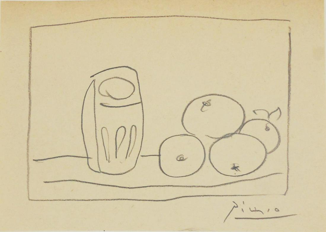 Pablo Picasso (1881-1973) Pencil Sketch: Graphite pencil sketch on cream wove paper, still life with fruit, signed* (Pablo Picasso, 1881-1973). 5 3/4 x 8 inches. Very small repaired tear at upper margin, otherwise very good condition. Repair
