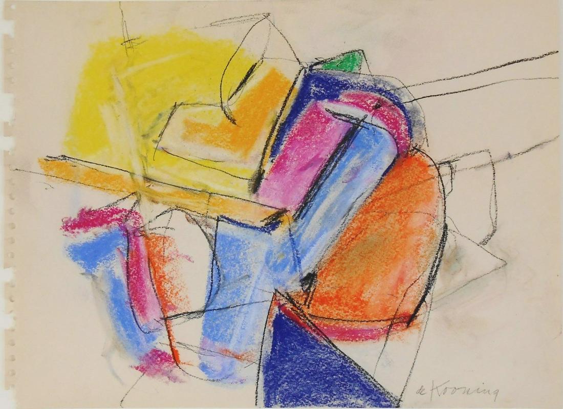 Willem De Kooning (1904-1997) Pastel & Charcoal: Pastel and charcoal drawing on wove sketchpad paper, untitled abstract, signed* (Willem de Kooning, 1904-1997). 8 3/4 x 11 7/8 inches. Circa 1950-1955. Good condition overall, having no apparent damag