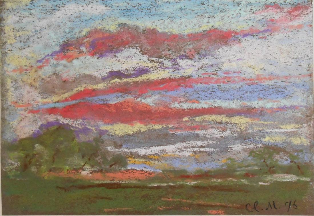 Claude Monet (1840-1926) Pastel: Pastel on greenish brown wove paper, early evening landscape, signed* with the artist's initials (Claude Monet, 1840-1926). Dated '76. 5 1/8 x 7 1/2 inches. Some areas of flaking and losses consistent