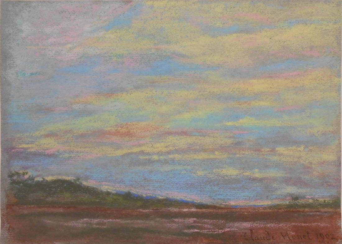 Claude Monet (1840-1926) Pastel: Pastel on light blue wove paper, morning landscape with yellow sky, signed* (Claude Monet, 1840-1926). Dated 1902. 6 3/8 x 8 7/8 inches. Very good condition overall; some very minor flaking in a few a