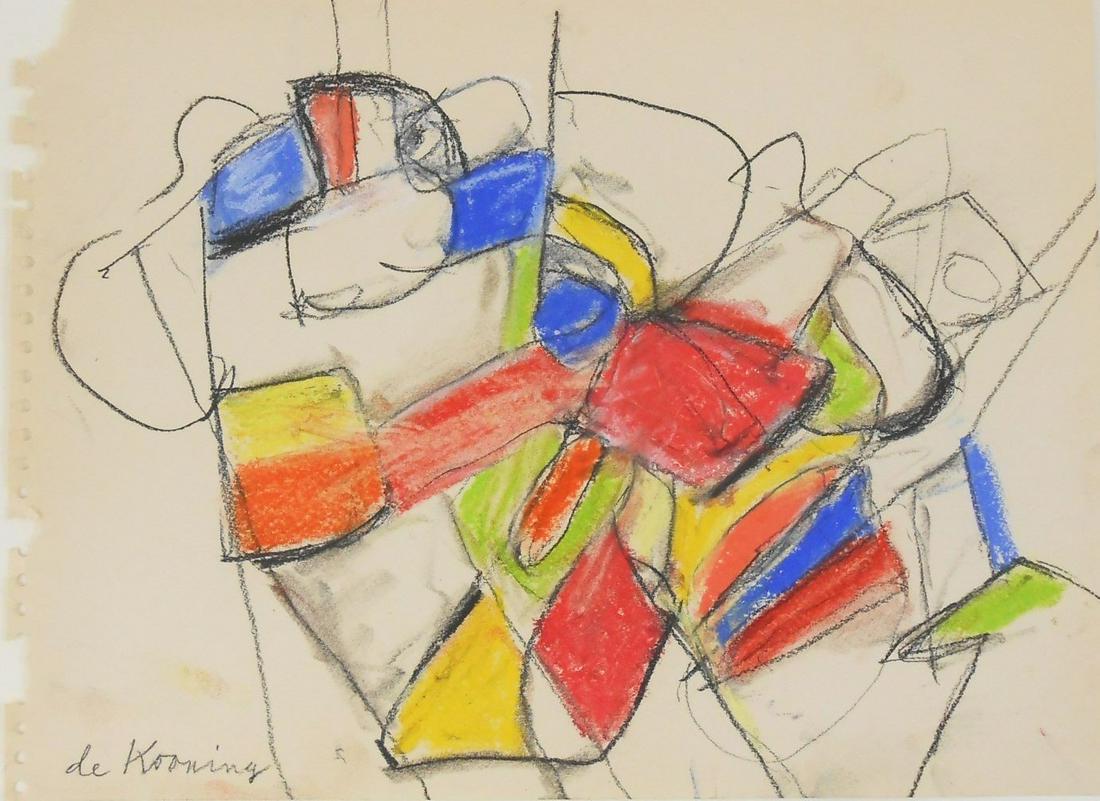 Willem De Kooning (1904-1997) Pastel & Charcoal: Pastel and charcoal drawing on wove sketchpad paper, untitled abstract, signed* (Willem de Kooning, 1904-1997). 8 3/4 x 11 7/8 inches. Circa 1950-1955. Good condition overall, having no apparent damag