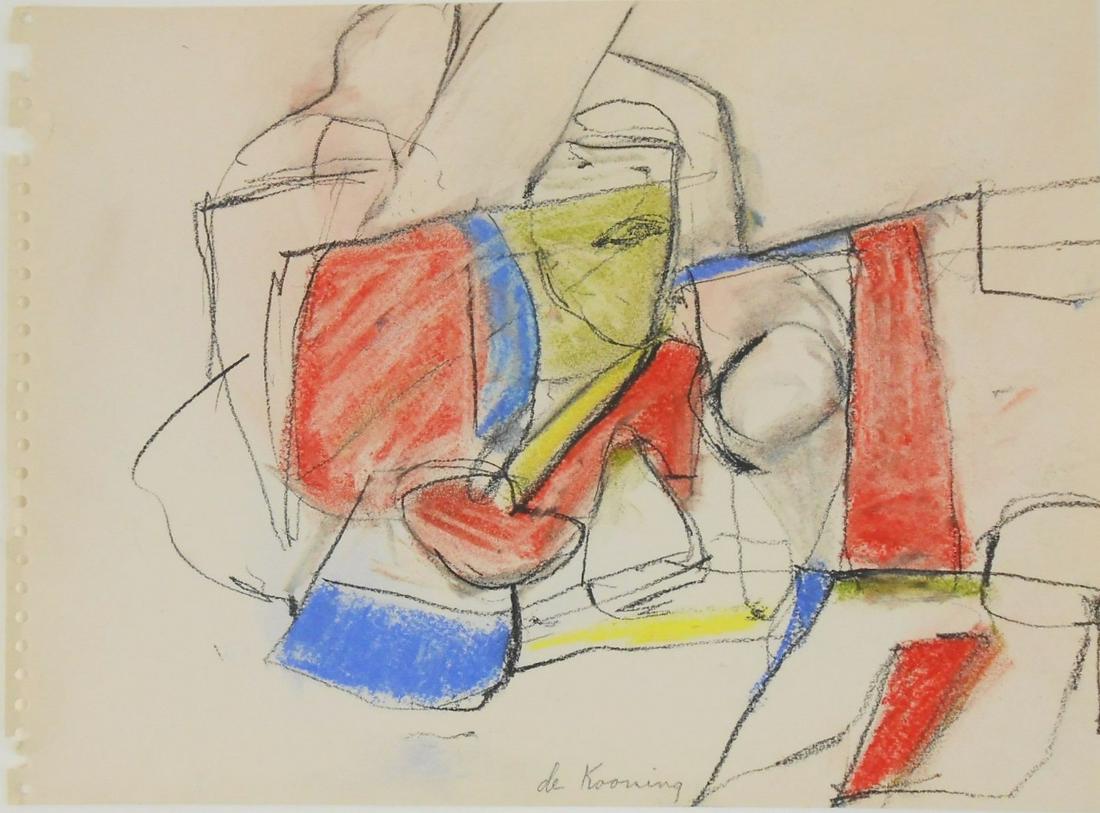 Willem De Kooning (1904-1997) Pastel & Charcoal: Pastel and charcoal drawing on wove sketchpad paper, untitled abstract, signed* (Willem de Kooning, 1904-1997). 8 3/4 x 11 7/8 inches. Circa 1950-1955. Good condition overall, having no apparent damag