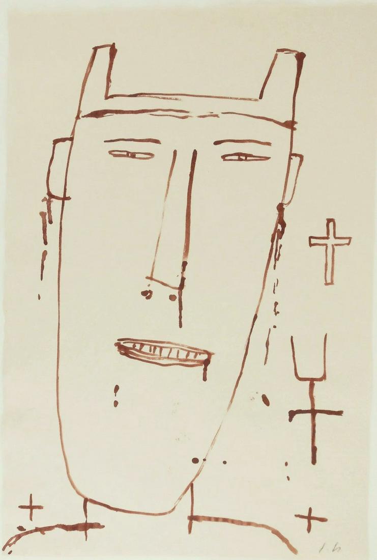 James Brown (1951-2020) Ink Drawing: Brush and ink drawing on handmade paper, untitled (face and symbols), signed* with the artist's initials (James Brown, 1951-2020). 17 1/2 x 11 3/4 inches. Very good condition, having no readily appare