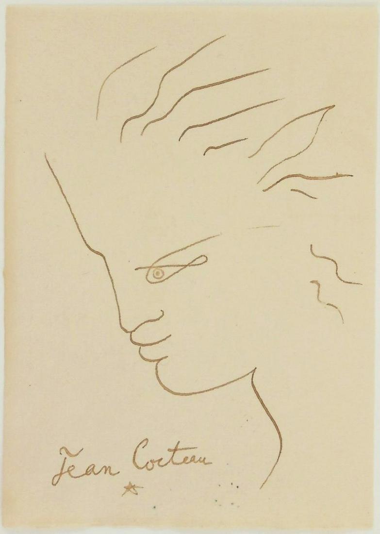 Jean Cocteau (1889-1963) Pen & Ink Drawing: Pen and brown ink drawing on laid paper, profile, signed* (Jean Cocteau, 1889-1963). 6 3/8 x 4 1/2 inches. Excellent condition. Sold unframed. Provenance: Property of a private collector who acquired 