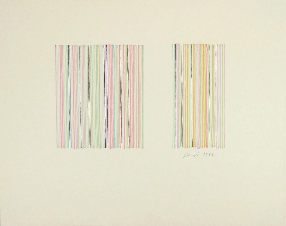 Gene Davis (1920-1985) Colored Ink Drawing: Colored ink drawing on off-white wove paper, untitled linear composition, pencil signed* (Gene Davis, 1920-1985). Dated 1982. 15 1/2 x 19 1/2 inches. Very good condition. Unframed for inspection and s