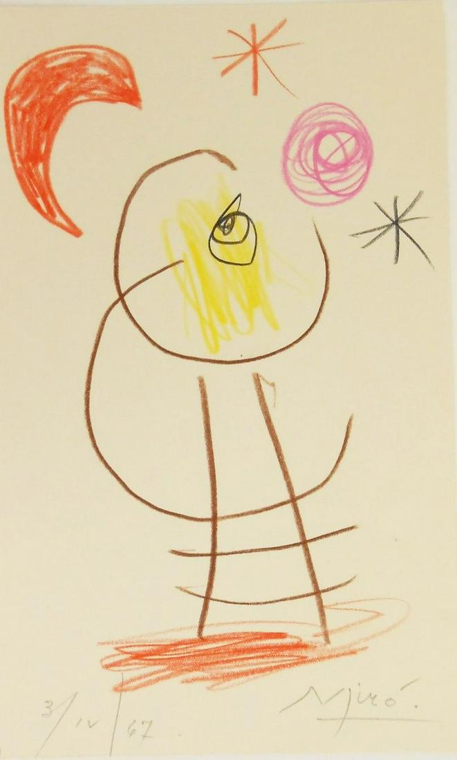 Joan Miro (1893-1983) Colored Pencil Drawing: Colored pencil drawing on off-white wove paper, untitled abstract with figure , moon, and constellations, pencil signed* (Joan Miro, 1893-1983). Dated 3 / IV / 67. 9 x 5 1/2 inches. Excellent conditio