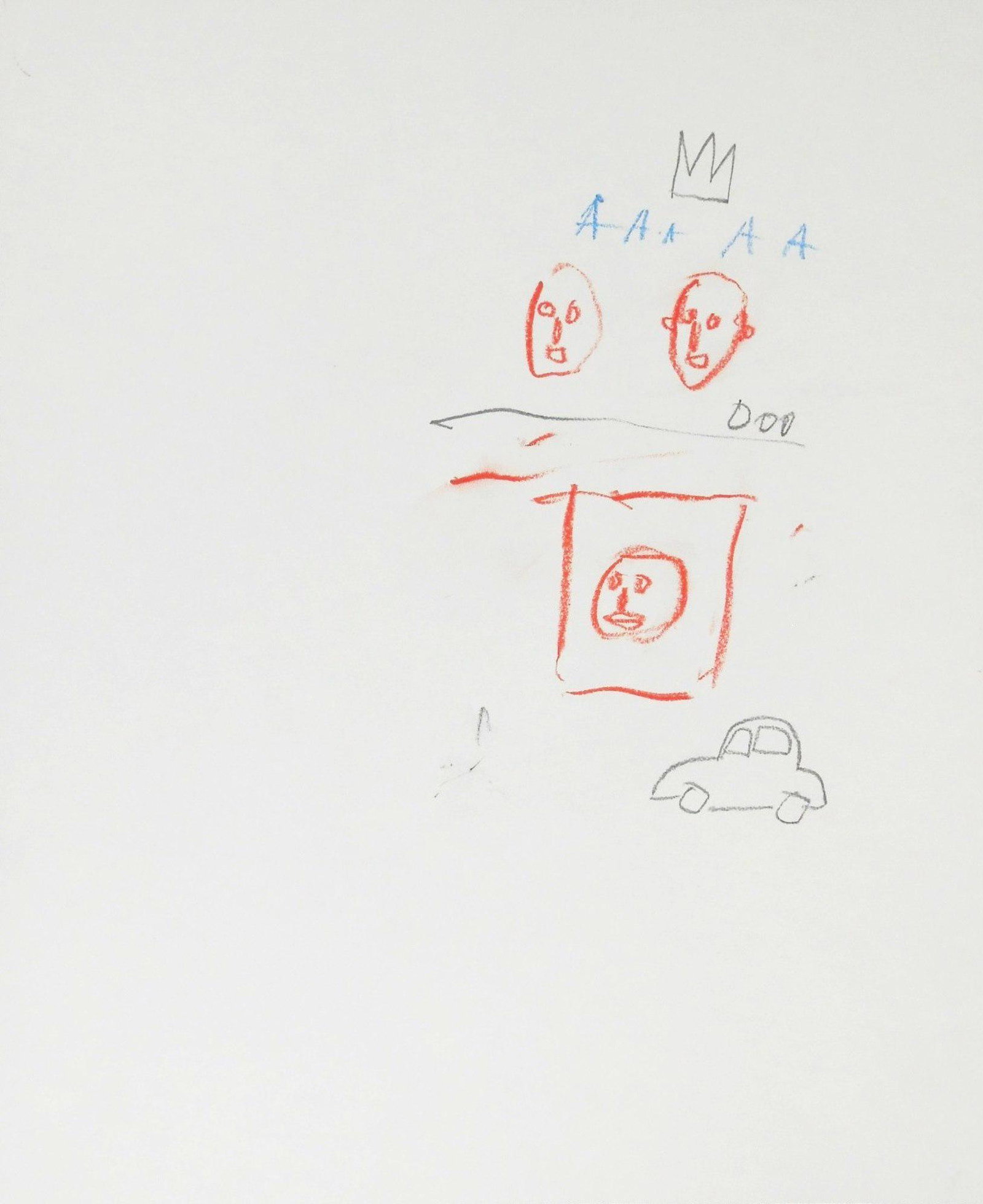 Jean-Michel Basquiat (1960-1988) Drawing: Pencil and oil chalk drawing on thin wove paper, untitled composition, unsigned* (Jean-Michel Basquiat, 1960-1988). Probably circa 1981-1982. 17 x 14 inches. Good condition overall. Has been removed f