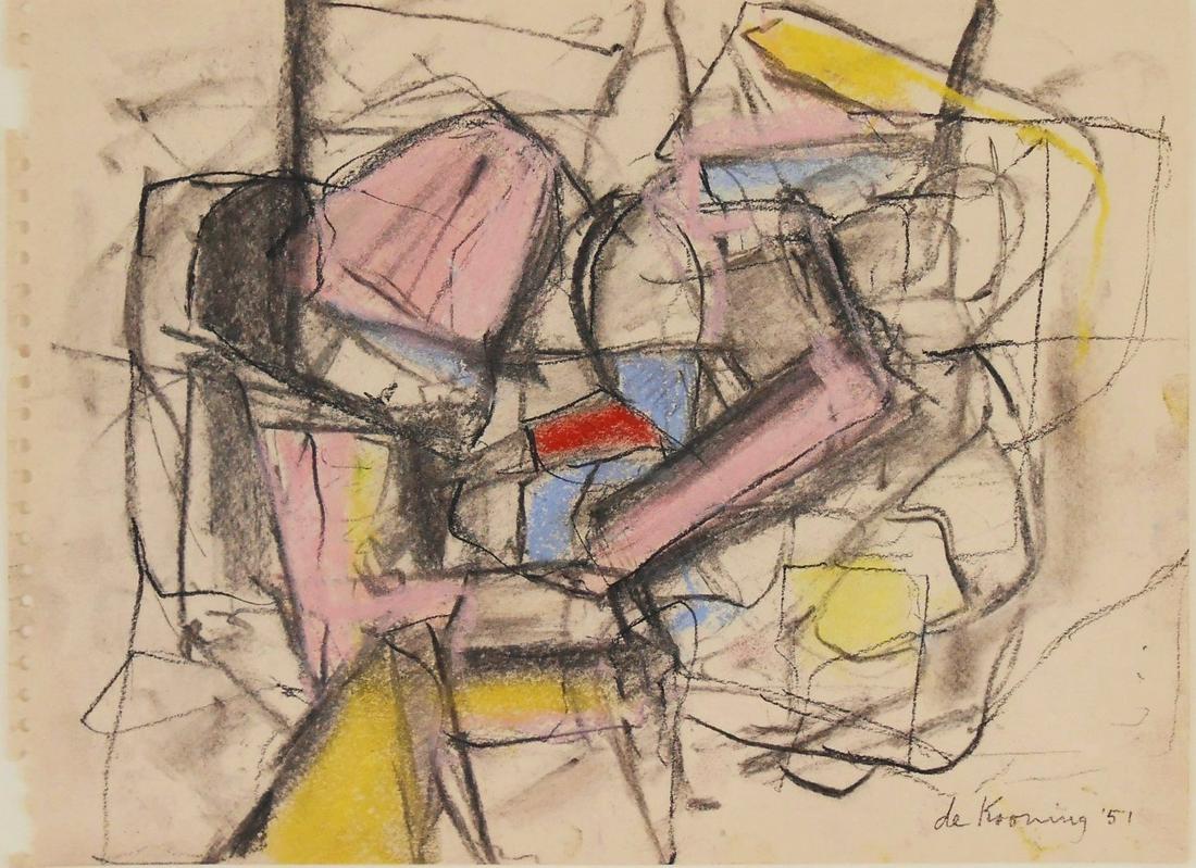 Willem De Kooning (1904-1997) Pastel & Charcoal: Pastel and charcoal drawing on wove sketchpad paper, untitled abstract, signed* (Willem de Kooning, 1904-1997). 8 3/4 x 11 7/8 inches. Circa 1950-1955. Good condition overall, having no apparent damag