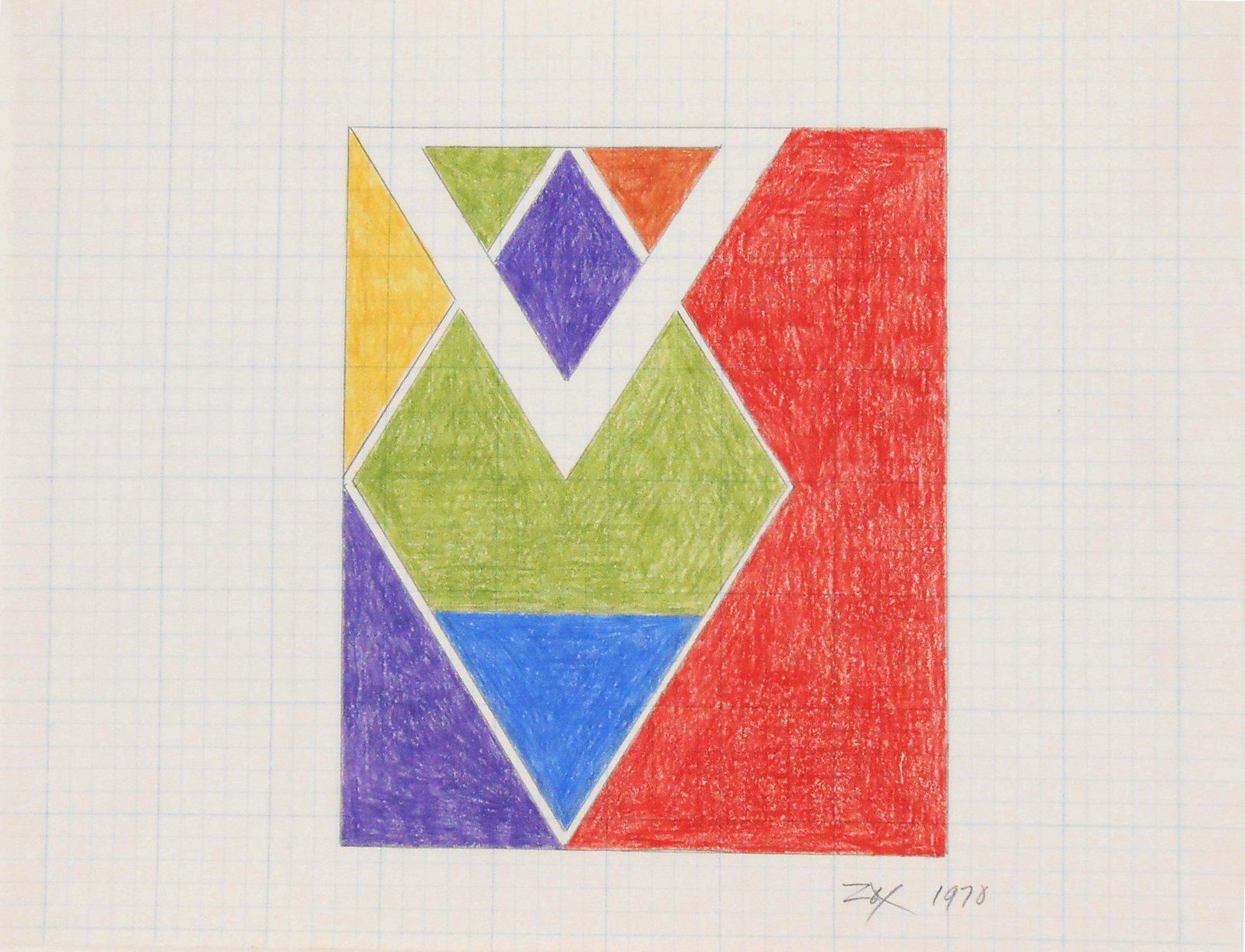 Larry Zox (1937-2006) Colored Pencil Drawing: Colored pencil drawing on blue-gridded graph paper, untitled composition, signed* (Larry Zox, 1937-2006). Dated 1970. 8 1/2 x 11 inches. Very good condition, having no apparent damage or repairs. Unfr