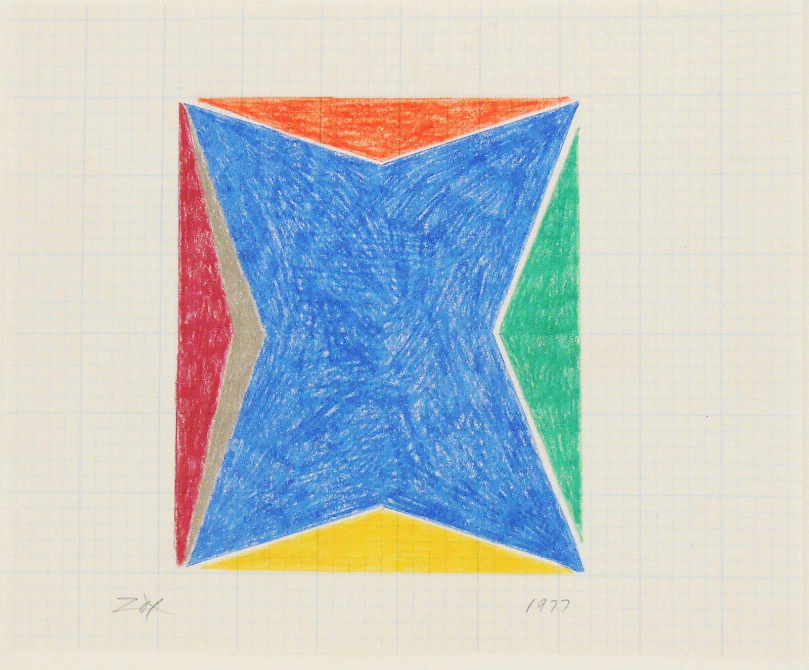 Larry Zox (1937-2006) Colored Pencil Drawing: Colored pencil drawing on blue-gridded graph paper, untitled composition, signed* (Larry Zox, 1937-2006). Dated 1977, lower right. 8 1/8 x 9 7/8 inches. Very good condition, having no apparent damage 