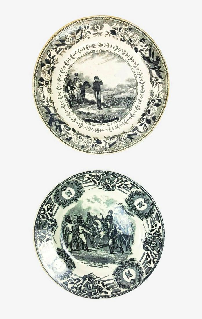 Two Antique Faience Plates, 19th Century: Two faience plates with transfer decoration, one French, circa mid-19th century; one Belgian, circa late 19th century or early 20th century. Tiny rim chip to one plate, otherwise good condition. Dia. 